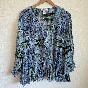 Dressbarn Women's‎ 3X Ruffle Paisley Blouse Boho Blue Long Sleeve Lightweight